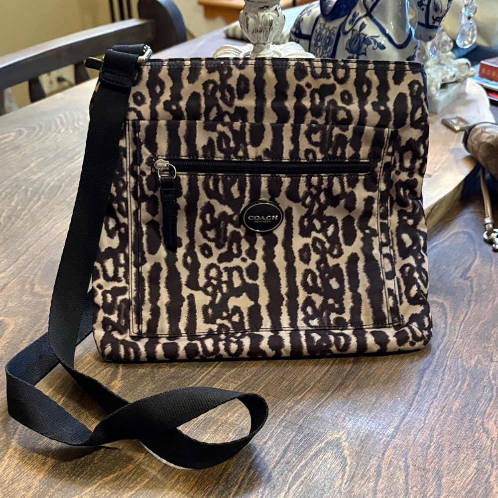Like new, Coach Leopard Ocelot Print Brown Nylon Crossbody Bag